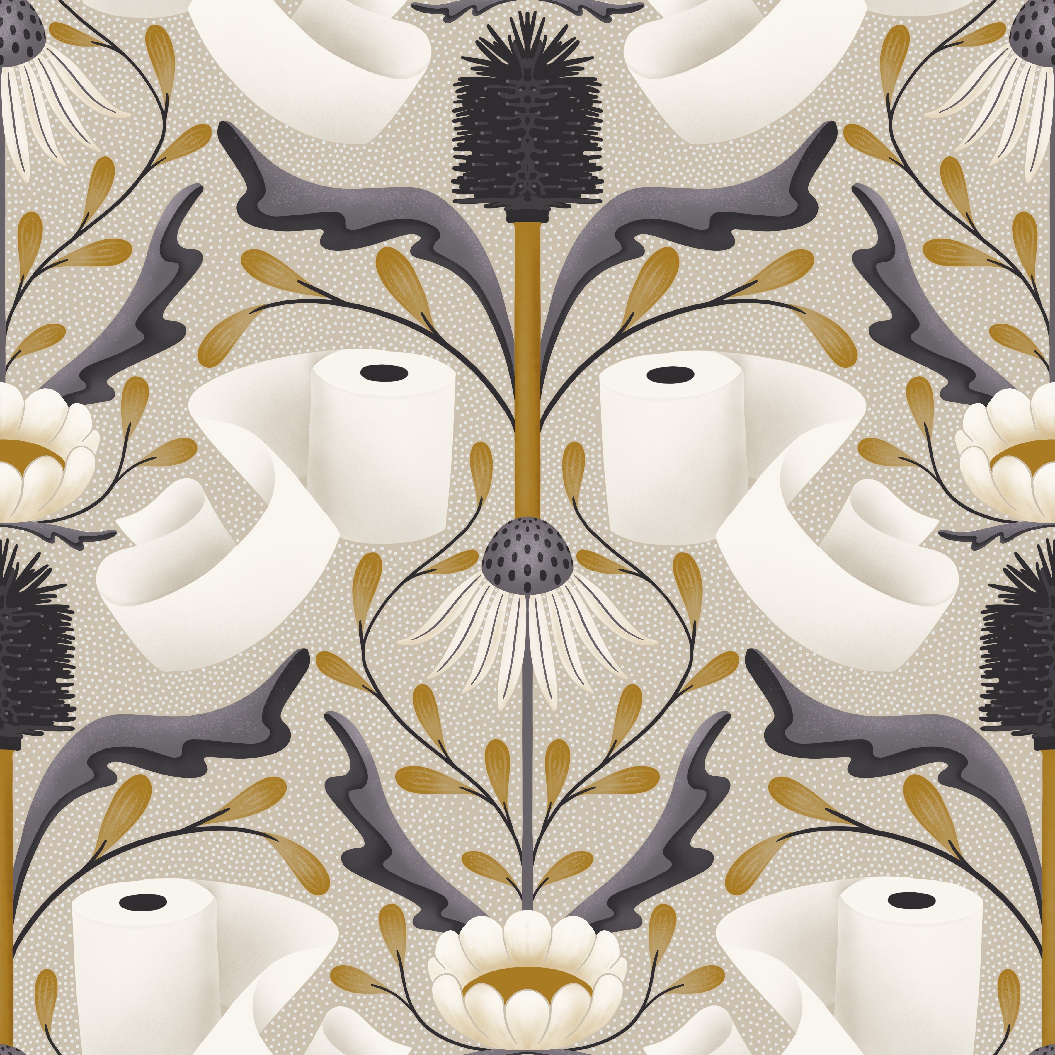 Patterned wallpaper with toilet paper rolls and floral designs on a beige background